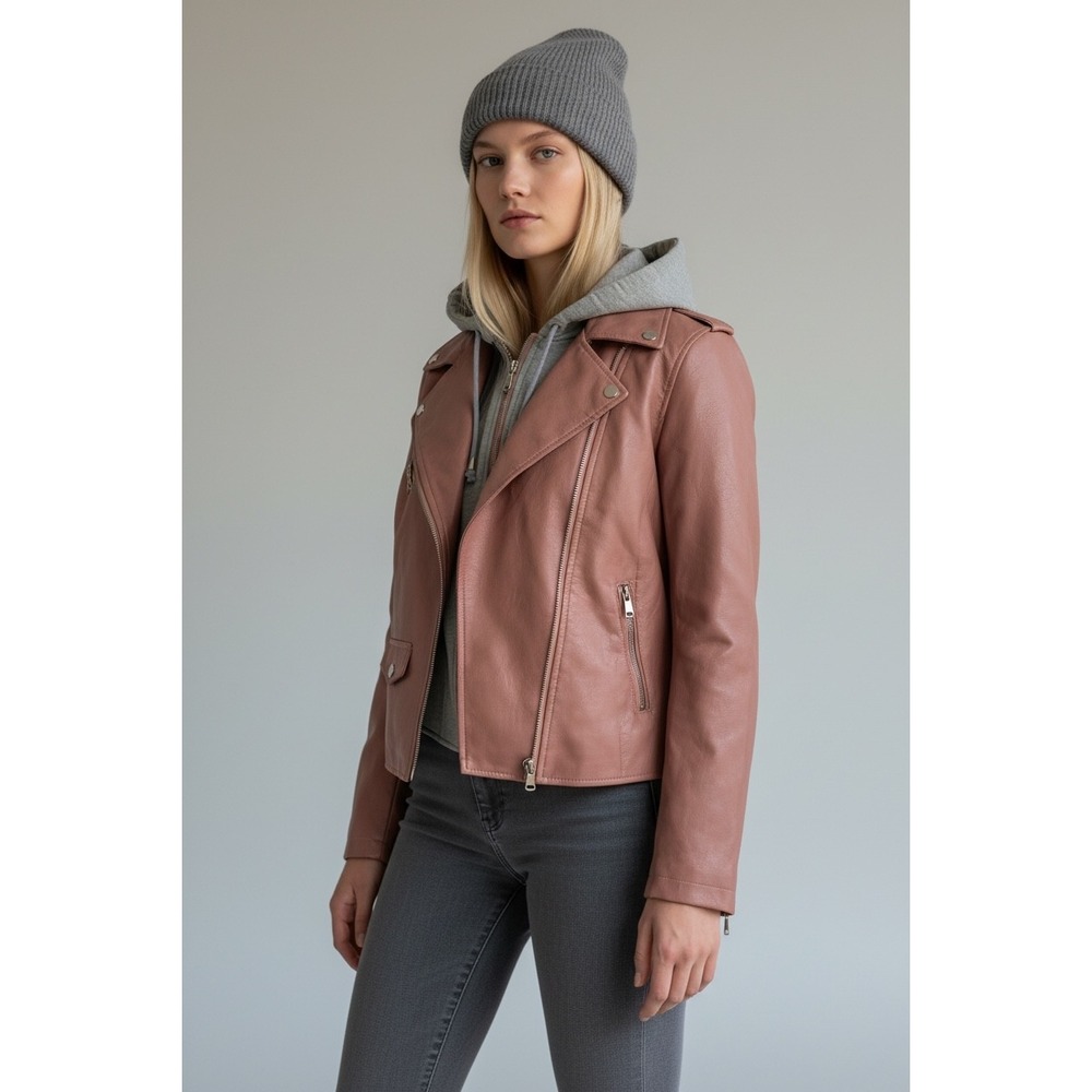 Vintage Le Chateau Medium Pink Faux Leather Moto Jacket w/ Grey‎ Hoodie